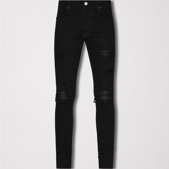 Amiri MX1 Black Distressed Black on Black Biker Denim Skinny